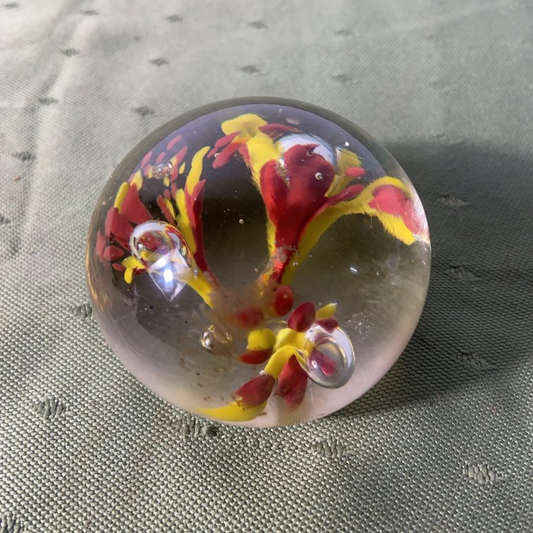 Glass Paperweight With Red and Yellow Floral Design