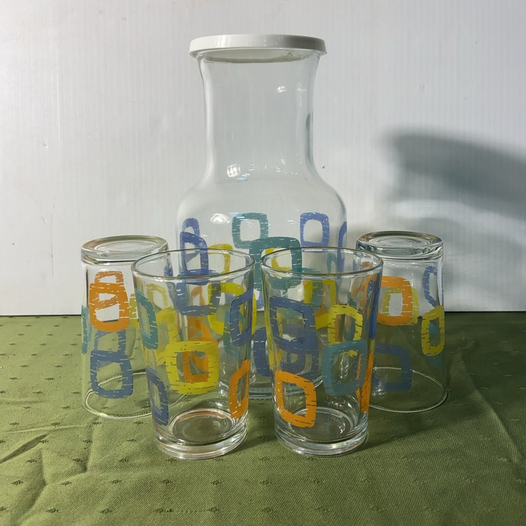 Glass Carafe With 4 Glasses, Colorful Geometric