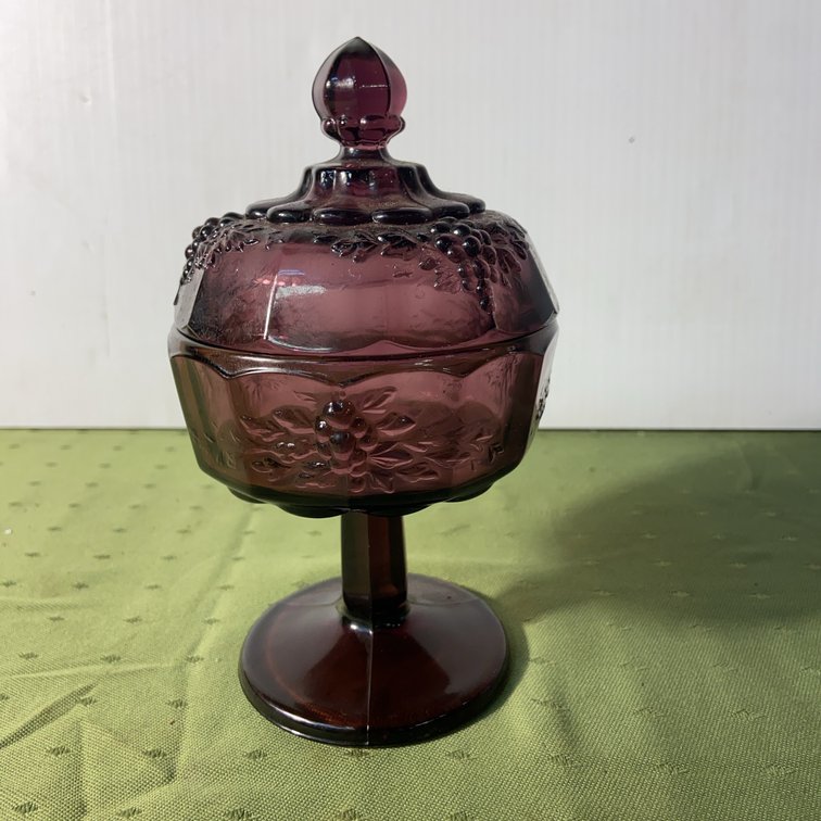 Purple Glass Pedestal Candy Dish With Lid