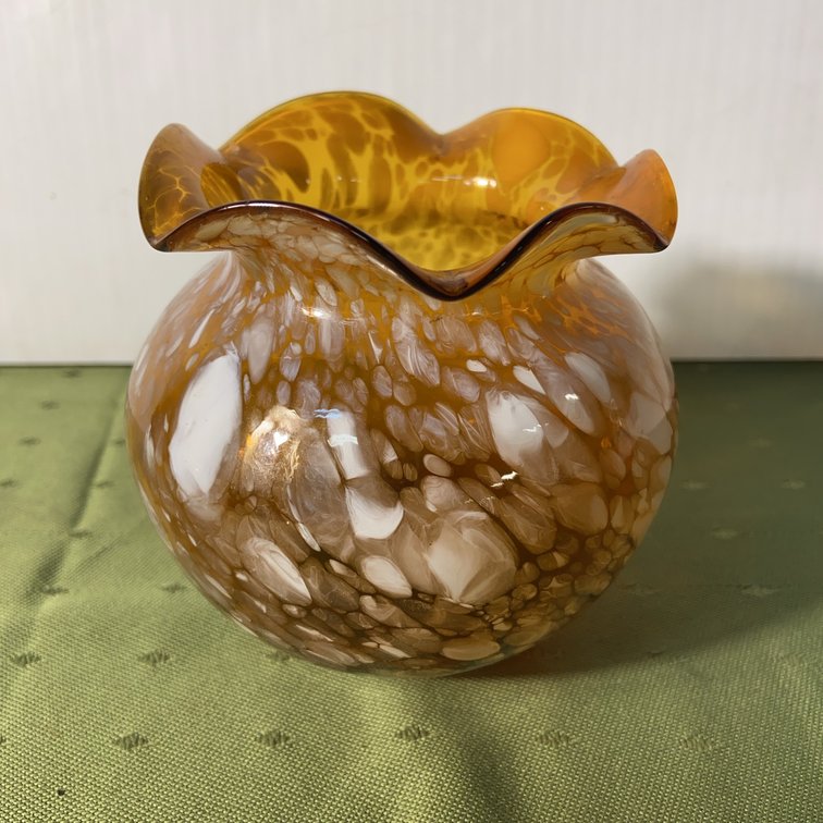 Amber and White Ruffled Art Glass Vase