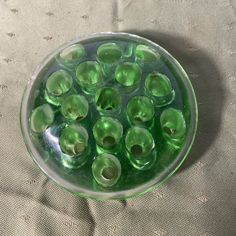 Green Uranium Glass Flower Frog, Damaged