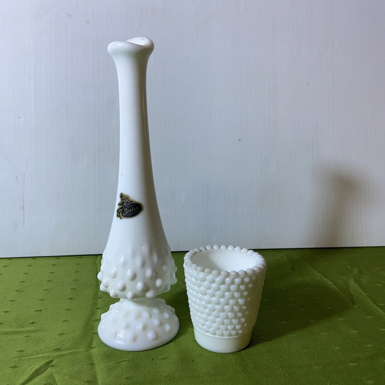 Fenton Hobnail Milk Glass Vase and votive cup