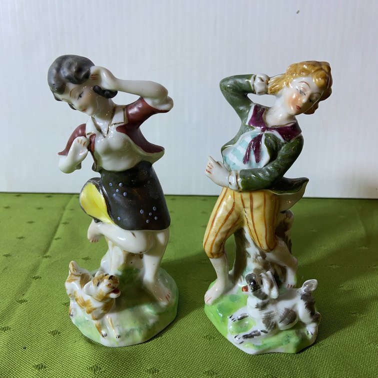 Occupied Japan Porcelain Figurines With Dogs, Pair