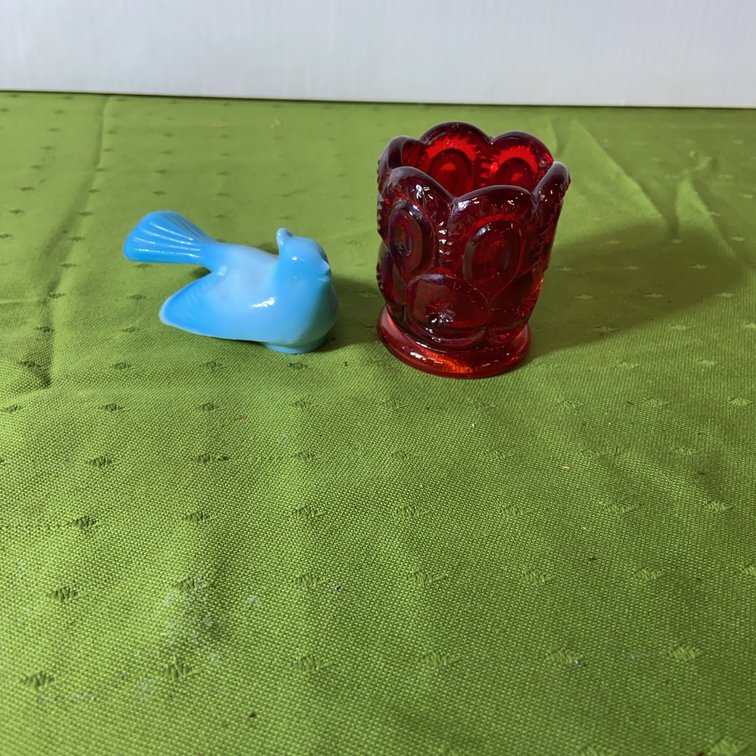 Ruby Glass Toothpick Holder With Blue Bird Figurine