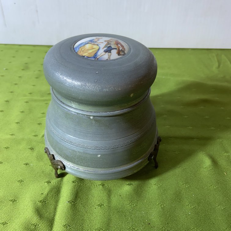 Lidded Pewter Trinket Box With Painted Insert