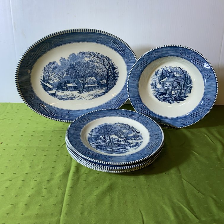 Currier and Ives Blue Transferware Luncheon Plates, Bowl, Platter