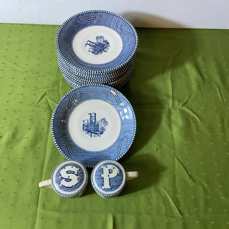 Blue Transferware 12 Saucers with S&P Shakers