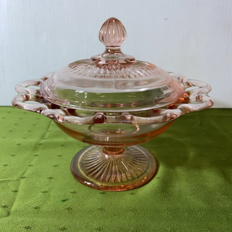 Pink Depression Glass Lidded Pedestal Candy Dish