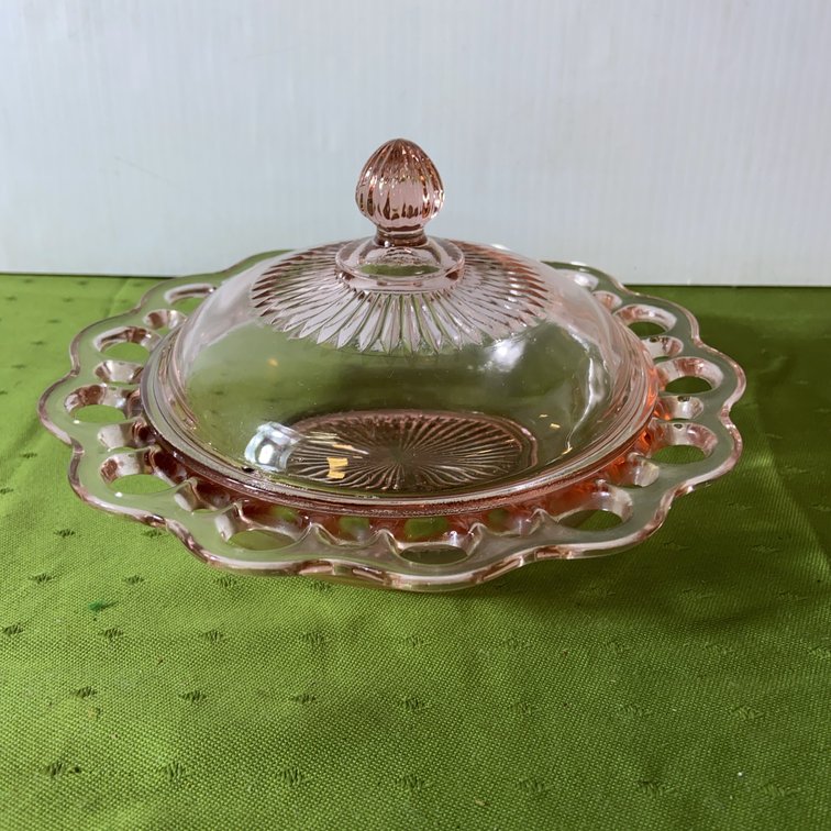 Pink Glass Covered Dish With Rim Chips in Lid