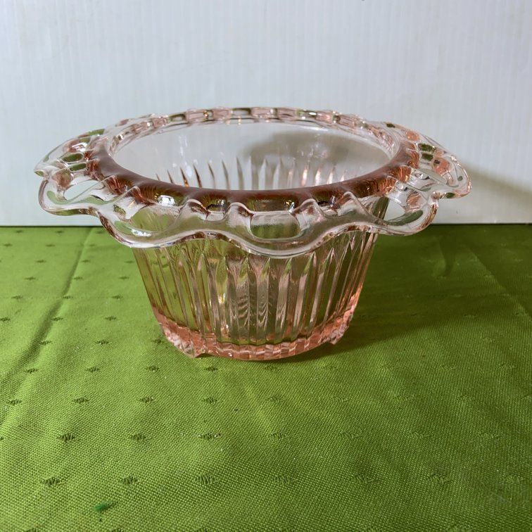 Pink Ribbed Depression Glass Bowl W/ Open Lace Rim
