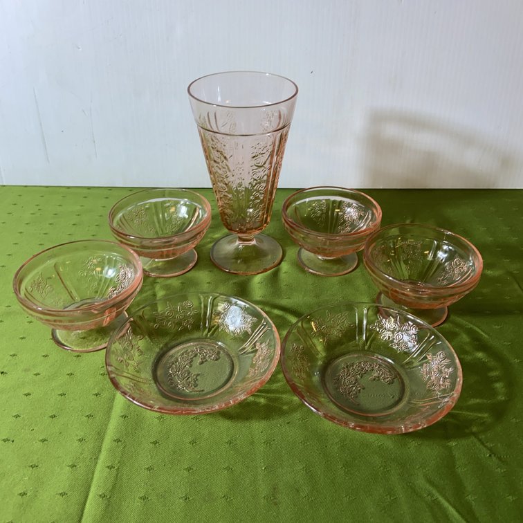 Pink Depression Glass Dessert Set, 6 Pieces