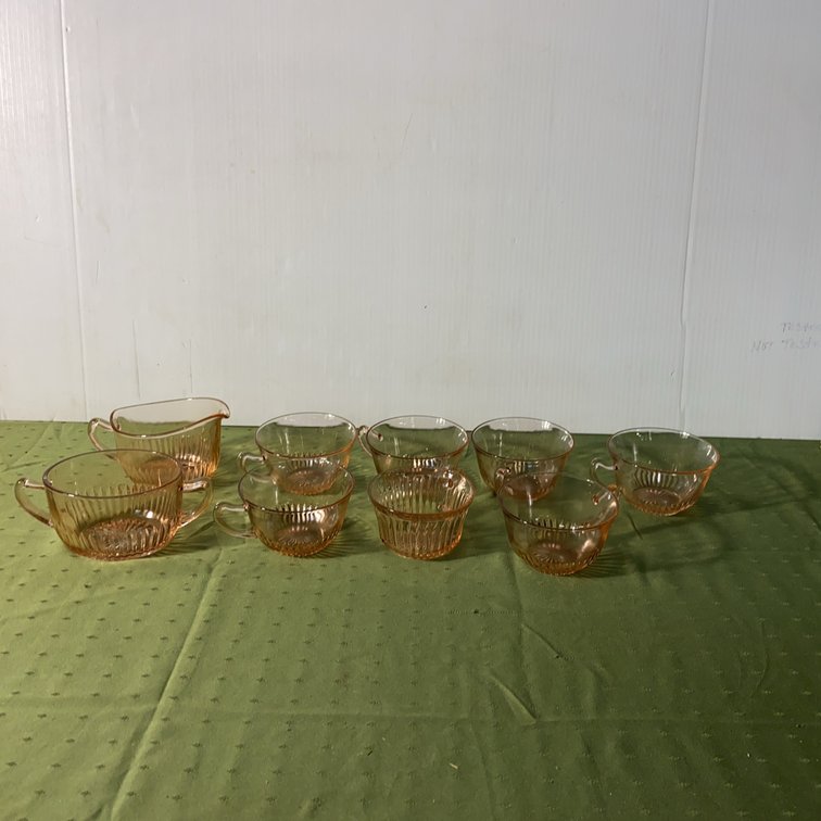 Pink Depression Glass Cream, Sugar, 7 Coffee Cups
