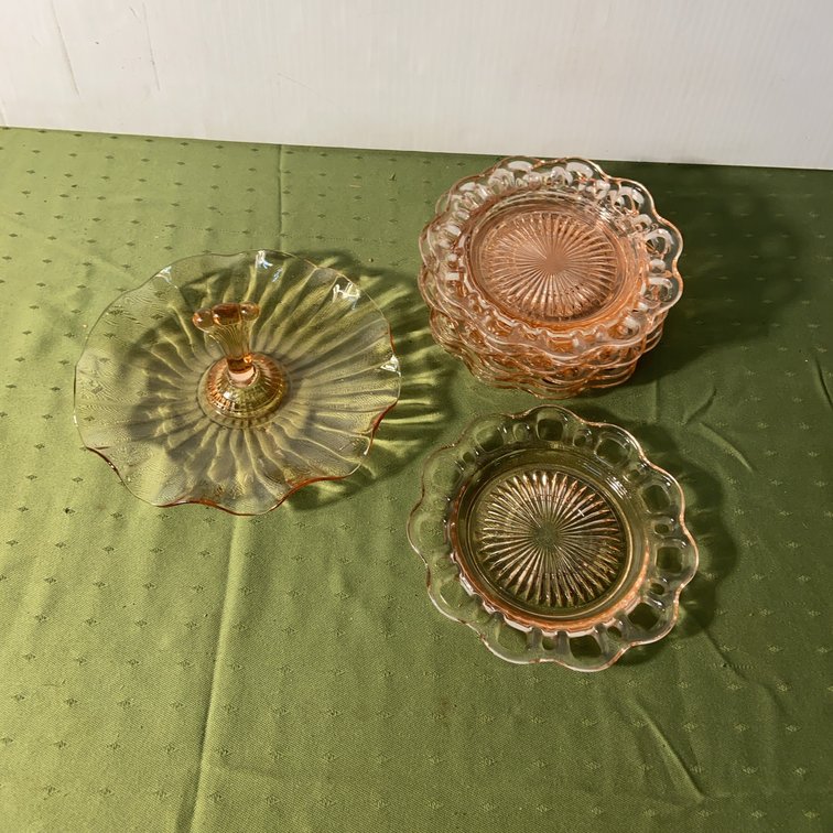 7 Pink Glass 6" Saucers With Tidbit Tray