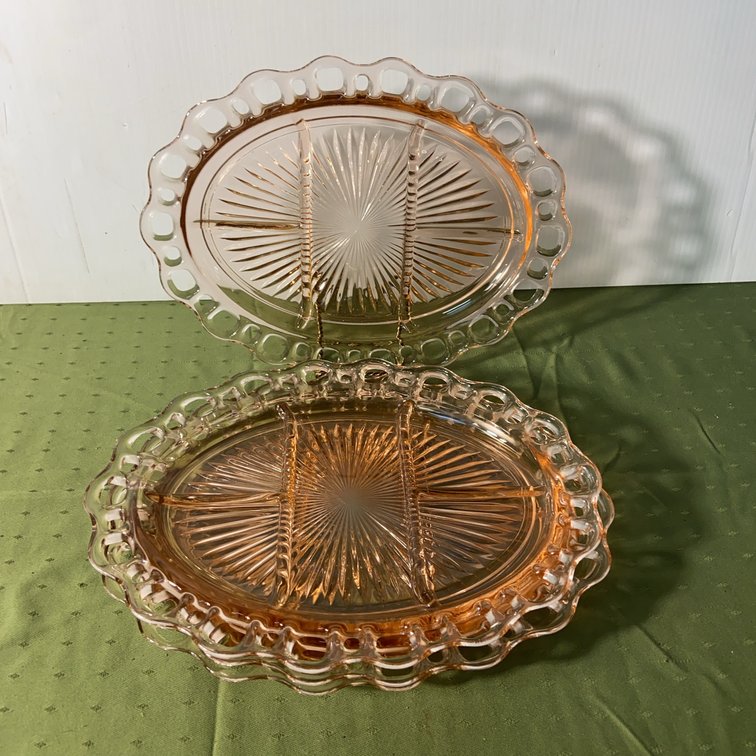 4 Pink Divided Pressed Glass Platters