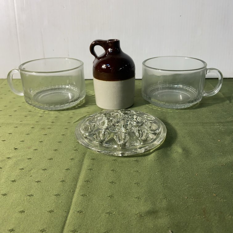 2 Glass Mugs, Glass Flower Frog, Stoneware Jug