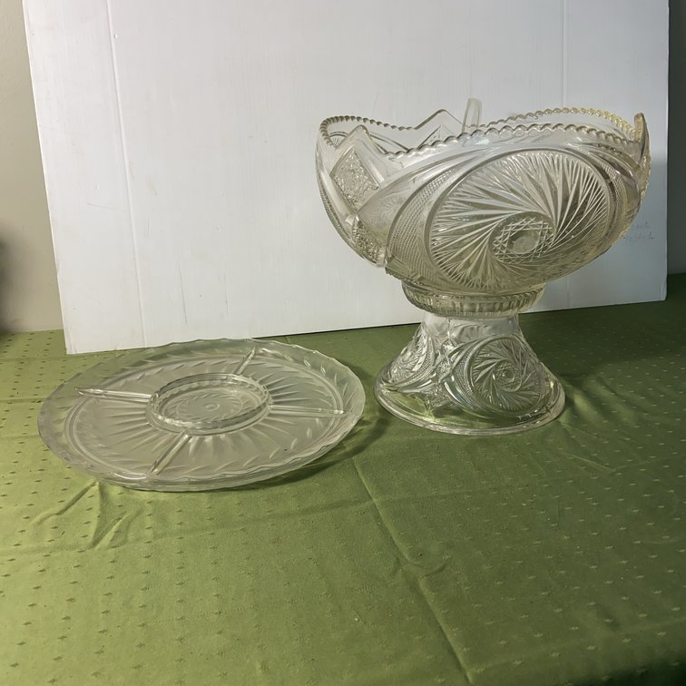 Glass Punch Bowl With Base, Relish Plate, Ladle