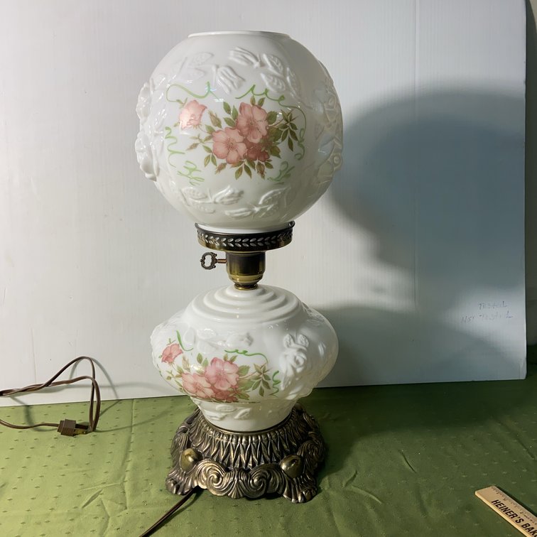 White Glass Lamp With Floral Design, Works