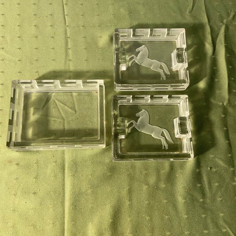 Pair Glass Ashtrays, Rearing Horse, Cigarette Box