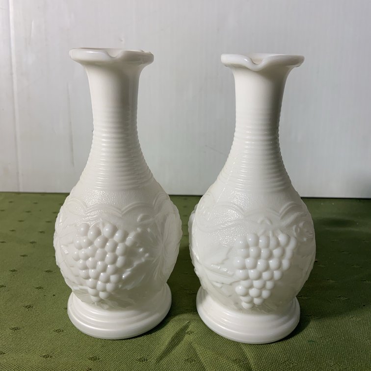 Imperial Milk Glass Grape Motif Vases Pair