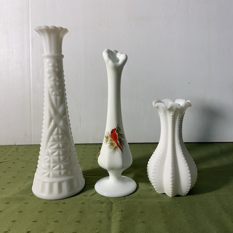 3 White Milk Glass Vases, One Hand Painted Fenton