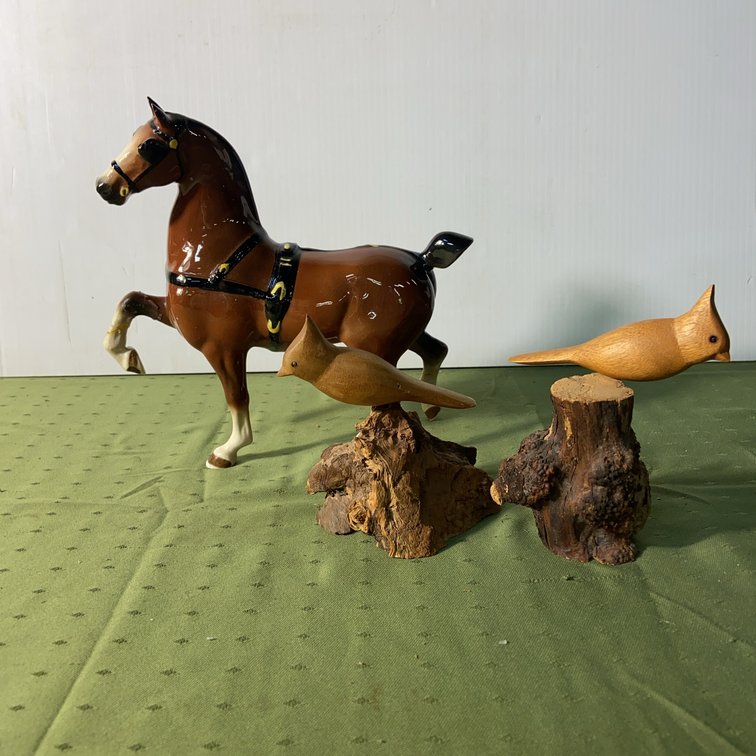 Metlox Ceramic Horse, Repaired Legs, 2 Wood Birds
