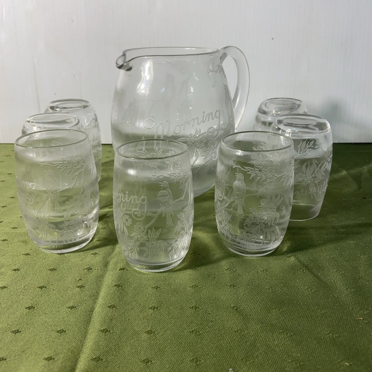 Etched Glass Pitcher With 7 Matching Tumblers