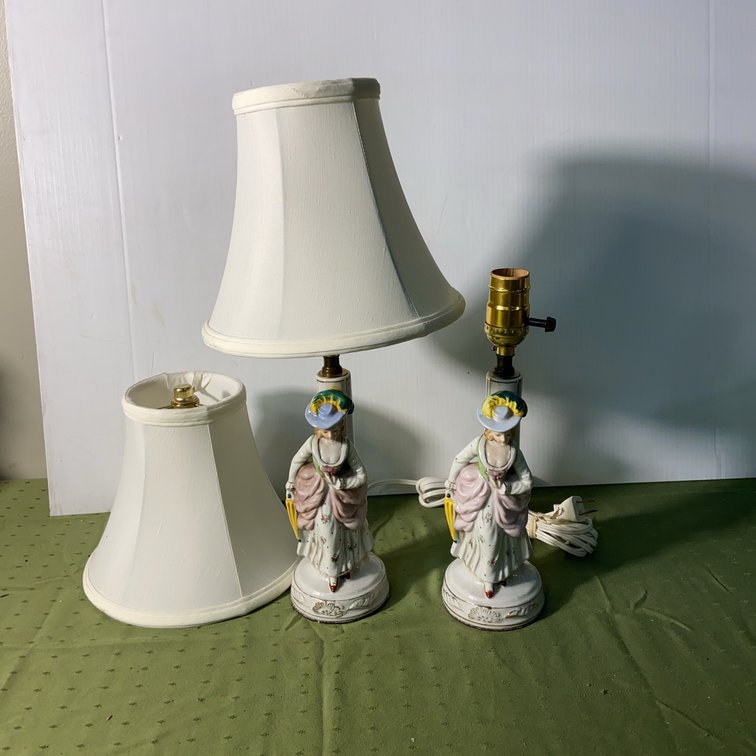 Pair Porcelain Victorian Lady Table Lamps
