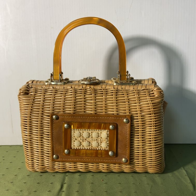 Hong Kong Wicker Handbag Lucite Handle Panel