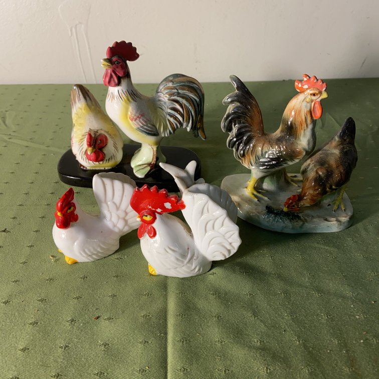 4 Japanese Ceramic Rooster and Hen Figurines