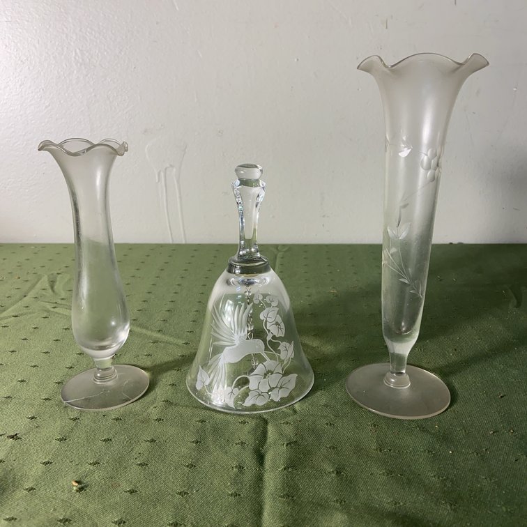 Etched Glass Bell and Two Bud Vases