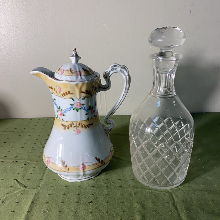 Hand Painted Porcelain Pitcher & Glass Decanter