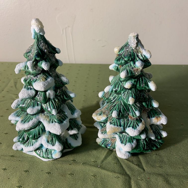 Pair Ceramic Snowy Christmas Tree Figurines