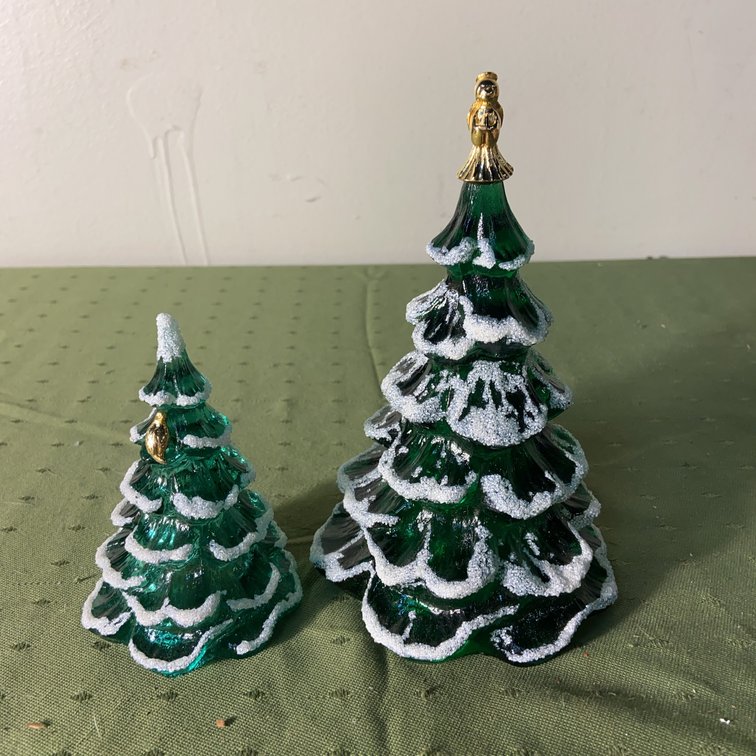 Fenton Green Glass Christmas Trees, Pair