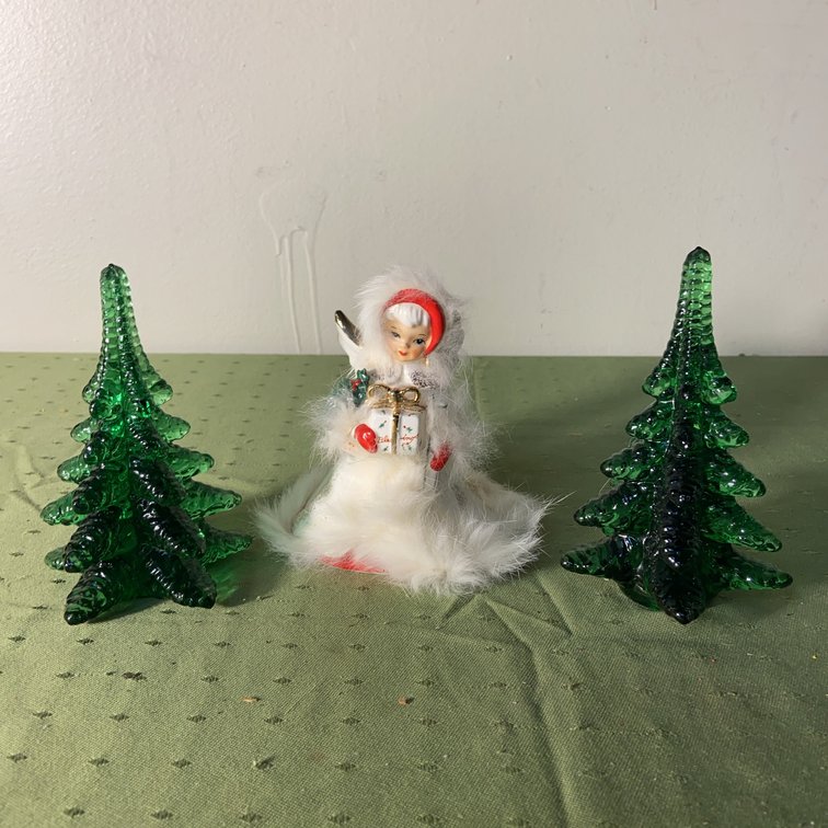 Norcrest Santa Girl Figurine Japan w/ Glass Trees