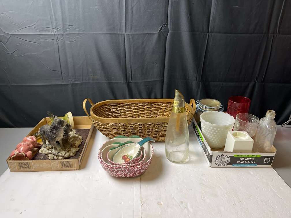 Decor Lot With Basket and Glassware