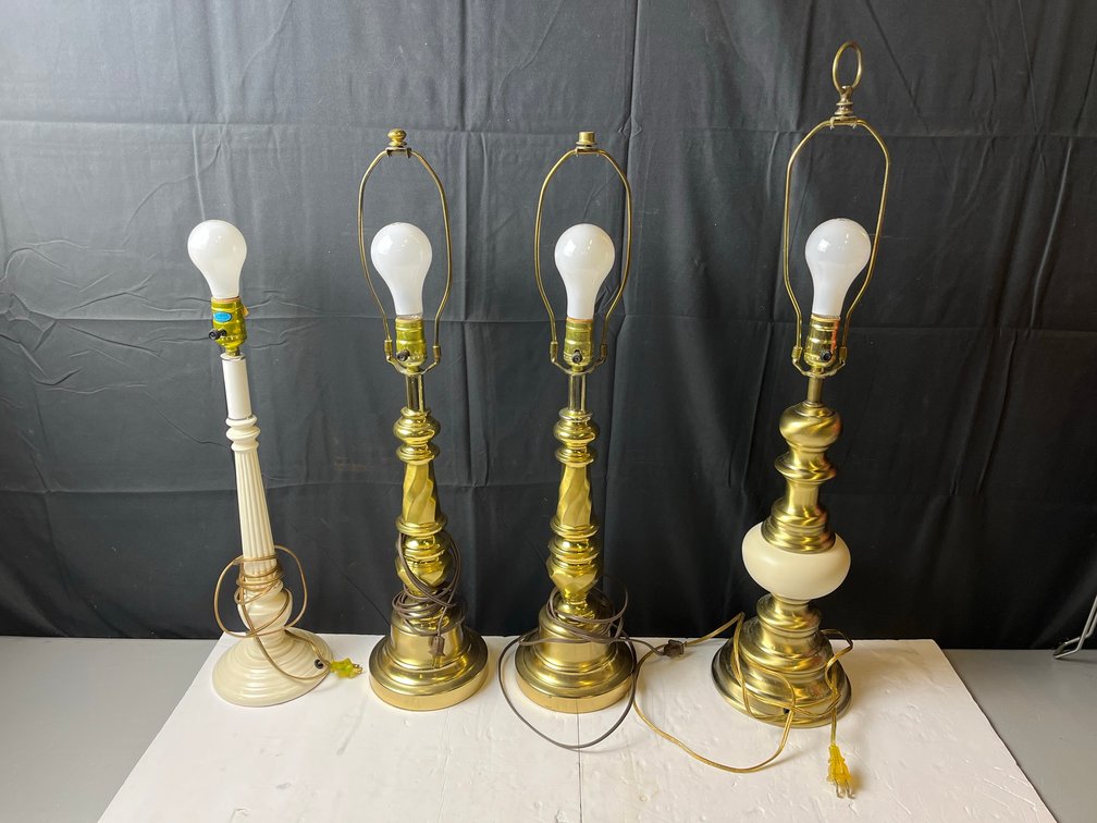Set of 4 Table Lamps, Brass and White