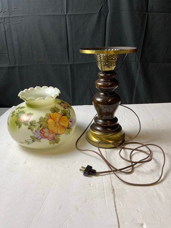 Glass Table Lamp with Floral Shade and Brass Base