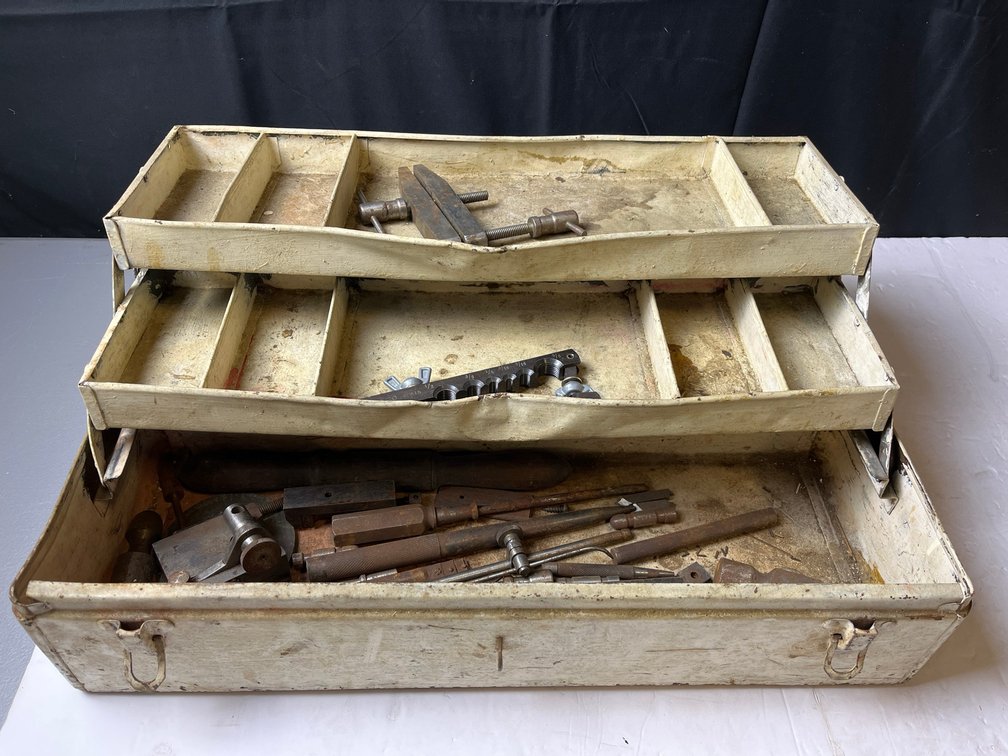 Metal Toolbox With Taps, Dies, and Wrenches