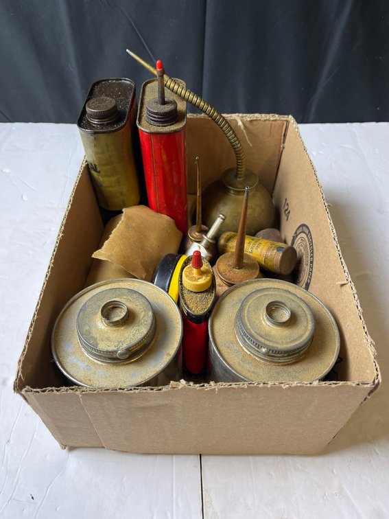 Box Lot of Vintage Metal Oil Cans