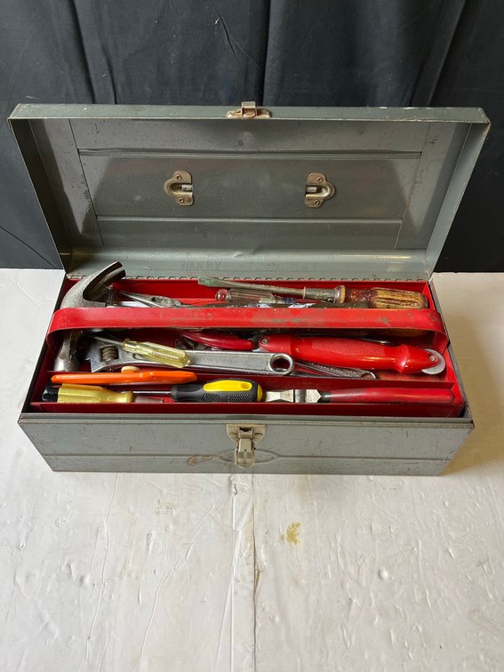 Gray Metal Toolbox With Assorted Hand Tools