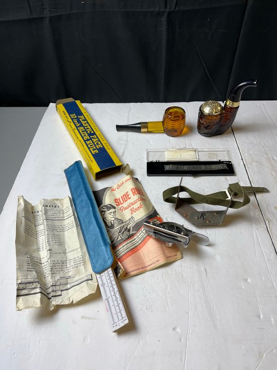 Slide Rule, Pipes, Razor, Spectacles Lot
