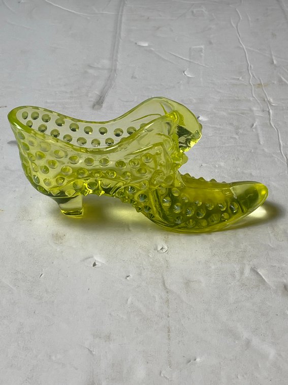 Vaseline Glass Hobnail Shoe Figurine