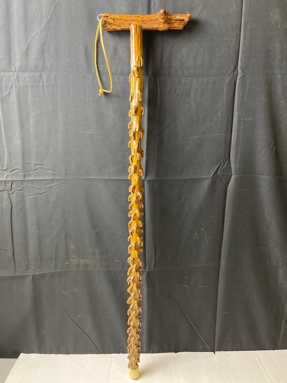 Folk Art Wooden Cane With Carved Dog Handle