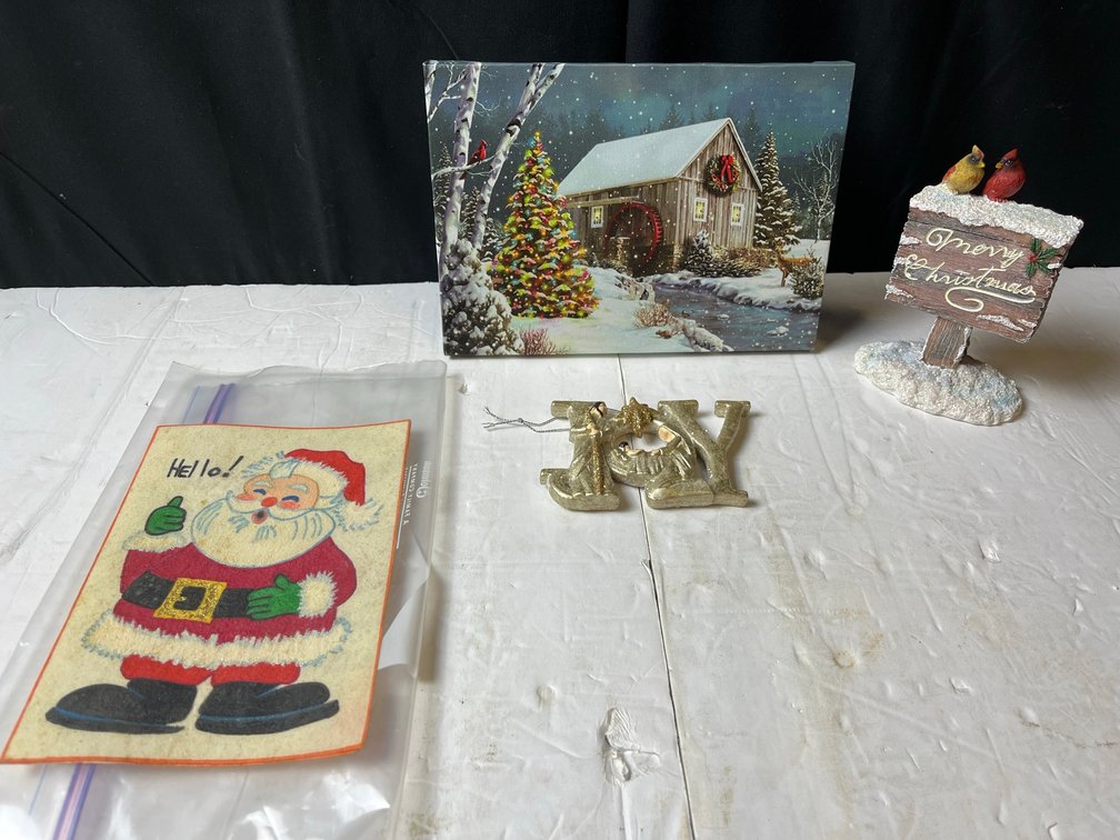 Christmas Decor Lot: Card, Figure, Ornament, Art