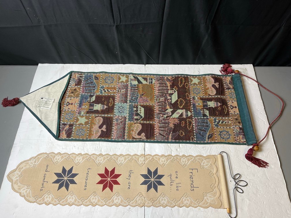 Fabric Wall Hangings Lot With Tapestry and Quote
