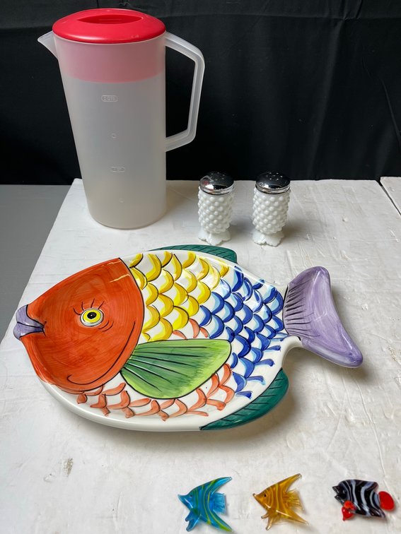 World Bazaars Fish Plate, Rubbermaid Pitcher, Salt Set