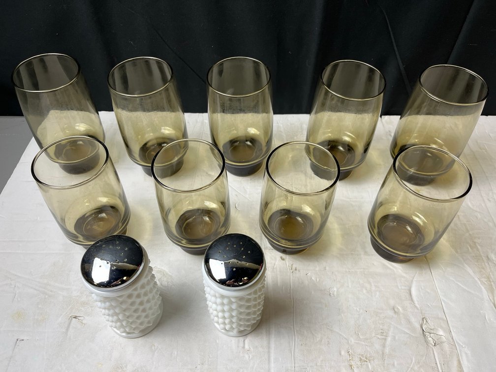 10 Amber Glass Tumblers & Hobnail Shakers Set