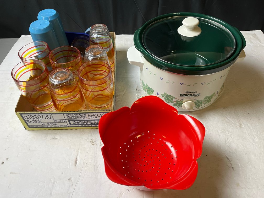 Crock-Pot, Red Colander, Tumblers, Blue Cups