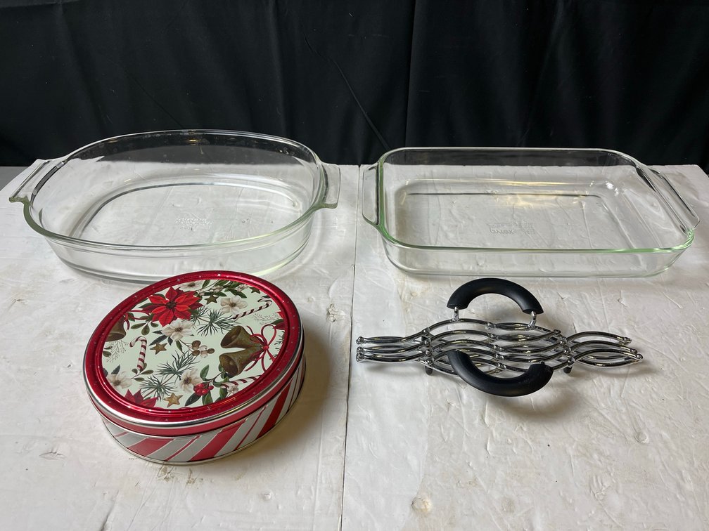 Pyrex Baking Dishes, Tin, and Metal Trivet Lot