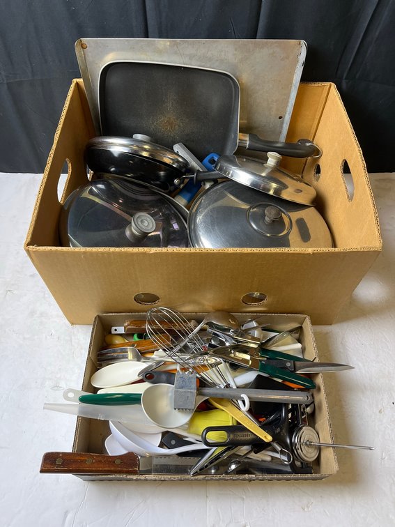 Box Lot Mixed Kitchenware Pots Pans Utensils